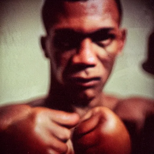 Image similar to close up portrait of boxer after boxing with brews blood sweating, photography photojournalism, very grainy image, 80mm lens, polaroid, very sharp