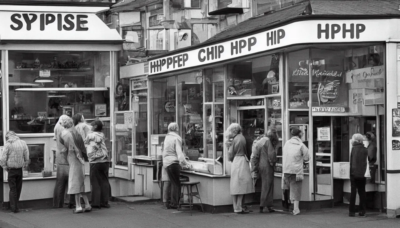 Image similar to 1 9 7 0 s chip shop, customers argue about the price, hyper realistic photo, full colour, upscale, 8 k, masterpiece,