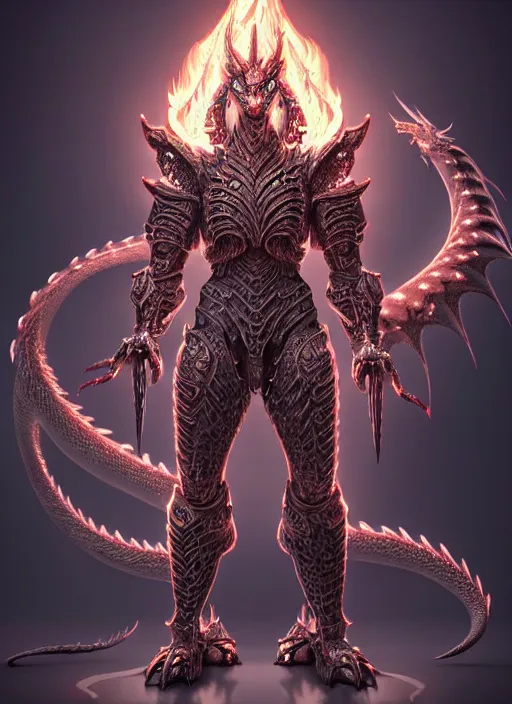 Image similar to muscular and tall ghostly fire humanoid dragon!!!! draconian!! intricate ornate iridescent heavy armor!! character concept art, sharp focus, octane render! unreal engine 5! highly rendered!! trending on artstation!! detailed linework!! illustration by artgerm, wlop, and chie yoshii