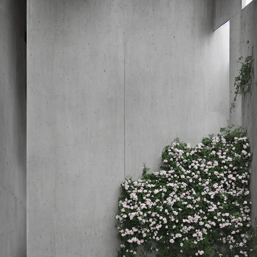 Prompt: photograph of a hallway, concrete, tadao ando, flowers, minimalist, architecture magazine, dezeen, 50mm, pentax, film