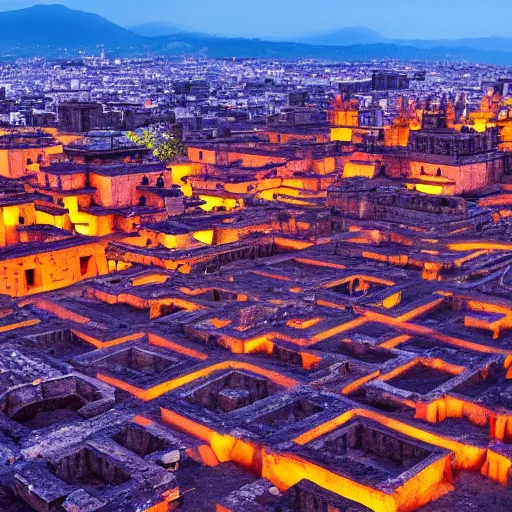 Prompt: ancient city of the aztecs, glowing torches, many buildings, at night, many people, epic wide angle, picture from 1000 years ago