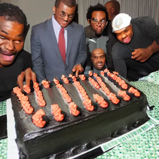 Image similar to several black guys surrounding a big cake. ultra realistic.