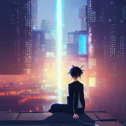 Image similar to beautiful anime painting of a woman with dark - blue hair sitting on a rooftop in a cyberpunk city, nighttime, by makoto shinkai, kimi no na wa, artstation, atmospheric, high detail