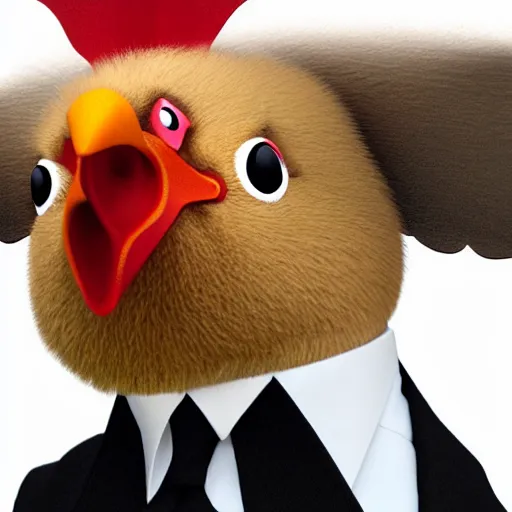 Image similar to a closeup portrait of an antropomorphic chicken wearing a suit, photorealistic