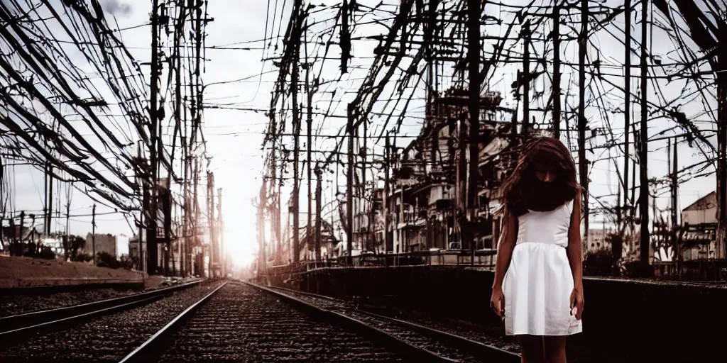 Prompt: lonely girl in white light dress in front of train cables, brown 90's bobbed hair, analog camera, framing, three-quarter view, extreme detail,