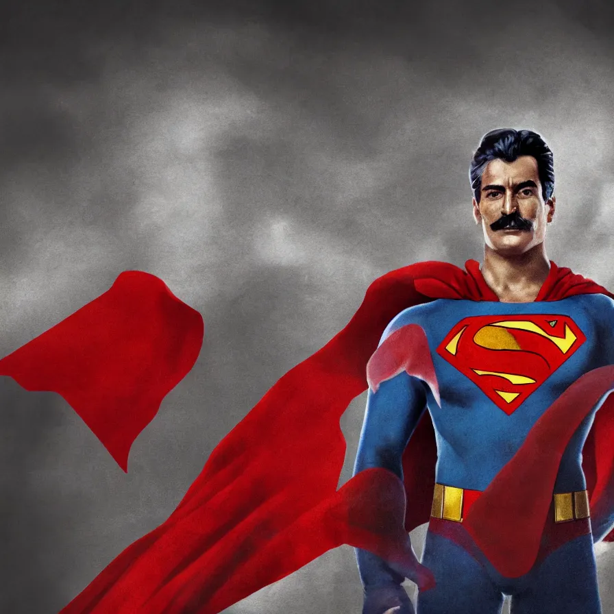 Image similar to stalin as superman red son, leader of the revolution, socialist realism, sovietwave aesthetic, hammer and sickle, groundbreaking, award winning, breathtaking, superb, epic, hyper realistic, detailed picture, intricate digital art, trending artstation, 8 k, unreal engine 5, octane render, vfx, volumetric lighting, rich moody colors, fan art, concept art