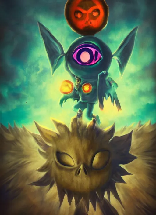 Image similar to realistic,majora\'s mask floating in the air while looking at the viewer maniacally, skull kid, legend of zelda fairy in the background, dramatic lighting, cinematic, film, dynamic pose, movie scene, colorful, dark art, concept art, 8K