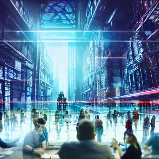 Image similar to large group people in a huge warehouse, looking at hologram of futuristic city on a table | cinematic concept art | godrays | 4 k | clear details | tabletop | tabletop | hologram foreground