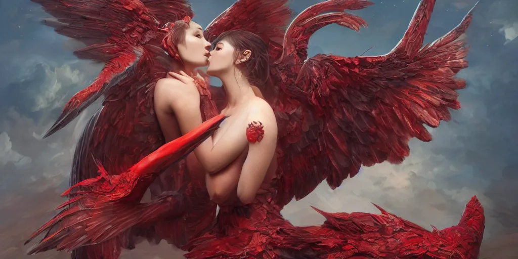 Prompt: ultra realistic, beautiful winged angel kissing gorgeous red devil, sci-fi, fantasy, mythical, intricate, elegant, highly detailed, digital painting, octane render, substance painter, zbrush, artstation, concept art, smooth, sharp focus, eerie, illustration, 8k, HD, art by artgerm and greg rutkowski and raphael