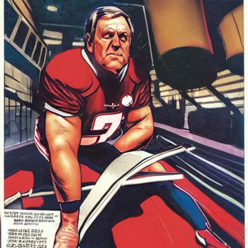 Prompt: comic book cover for'coach belichick spying on opponents ', art by alex ross
