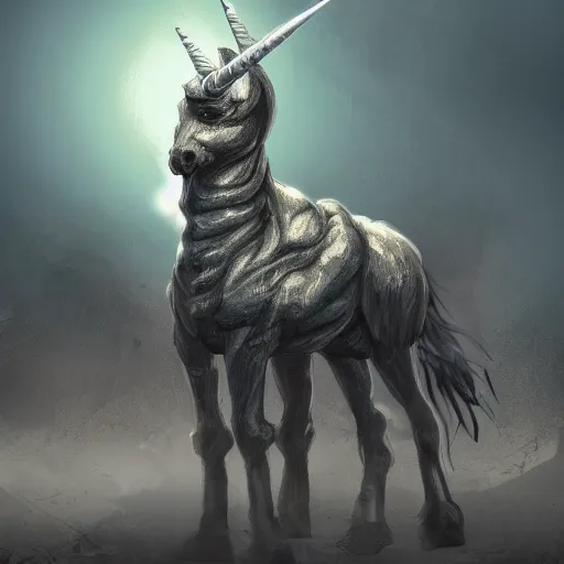 Prompt: digital illustion of a post apocalyptic destrutive unicorn with an earth boring drill for a horn, deviantArt, artstation, artstation hq, hd, 4k resolution