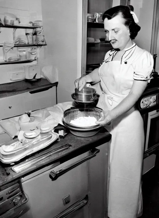 Image similar to a 35mm photograph of Hitler as a 1950's housewife, baking a cake, in a messy kitchen Canon 50mm, film, Kodachrome