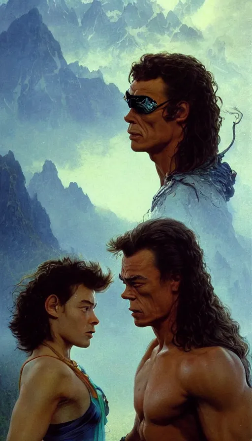 Image similar to young jean claude van damme and a young peasent woman, lord of the rings, conan, amazing beauty, visor, neon tattoo, styled hair, decorated ornaments by carl spitzweg, ismail inceoglu, vdragan bibin, hans thoma, greg rutkowski, alexandros pyromallis, perfect face, fine details, realistic shaded