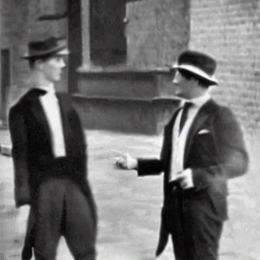 Prompt: 1920s newsreel of a man meeting his future self