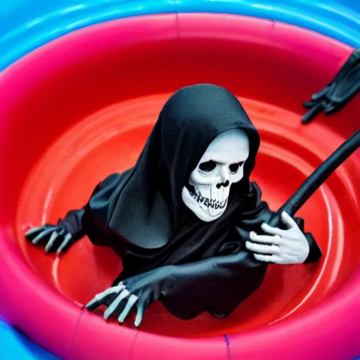 Image similar to grim reaper inside a kiddie pool, very detailed, very realistic, photograph, 5 0 mm, canon, nikon, zeiss lens, editorial, perfect composition, perfect lighting, 4 k