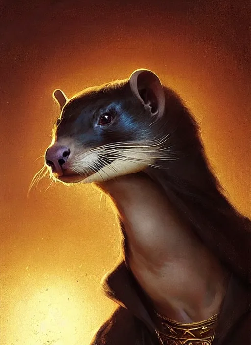 Prompt: a beautiful closeup shot from a fantasy film of a humanoid black ferret with golden eyes wearing a loose tunic. an anthropomorphic ferret with gold eyes. joseph ducreux, greg rutkowski.