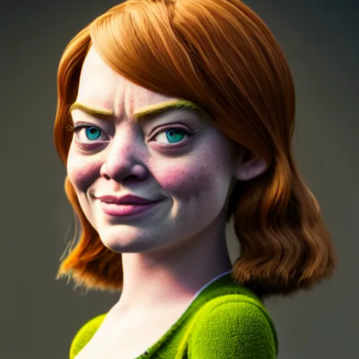 Image similar to Emma Stone as a female version of Shrek, she has shrek nose, ears features, with green skin, fully detailed, high quality , 4k , octane render , soft lightening , masterpiece