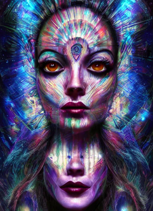 Prompt: tripping magic cult psychic woman, painted face, third eye, energetic consciousness psychedelic, epic surrealism expressionism symbolism, fifths dimension moving at the speed of light, ultra high definition, unreal engine 5, volumetric lighting cinematic ray trace photorealism, symmetrical face, dark myth mythos, by sandra chevrier, bruce pennington, masterpiece