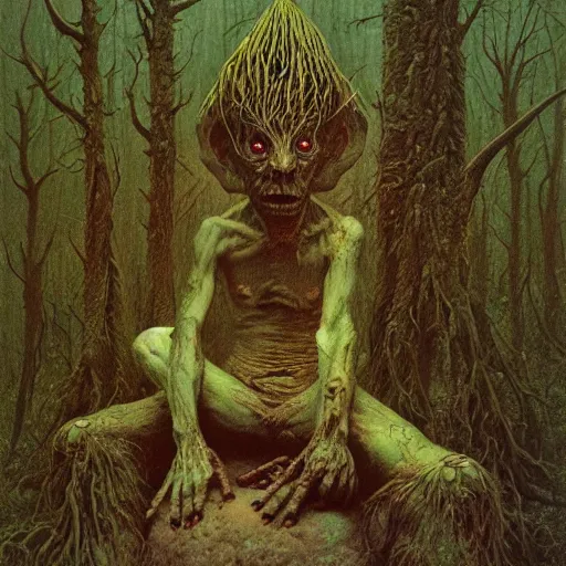 Prompt: forest goblin by Zdzisław Beksiński, oil on canvas