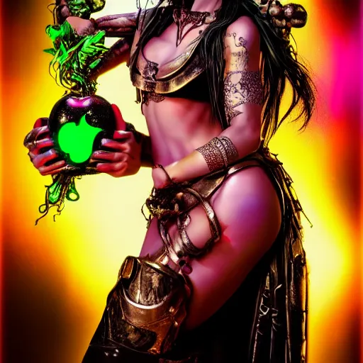 Image similar to goddess of chaos Eris in cyberpunk world holding the apple of discord with vicious smile, body full of details, hyper realistic, ultra detailed, neon flavour with dark wet, artistic photography, light reflections