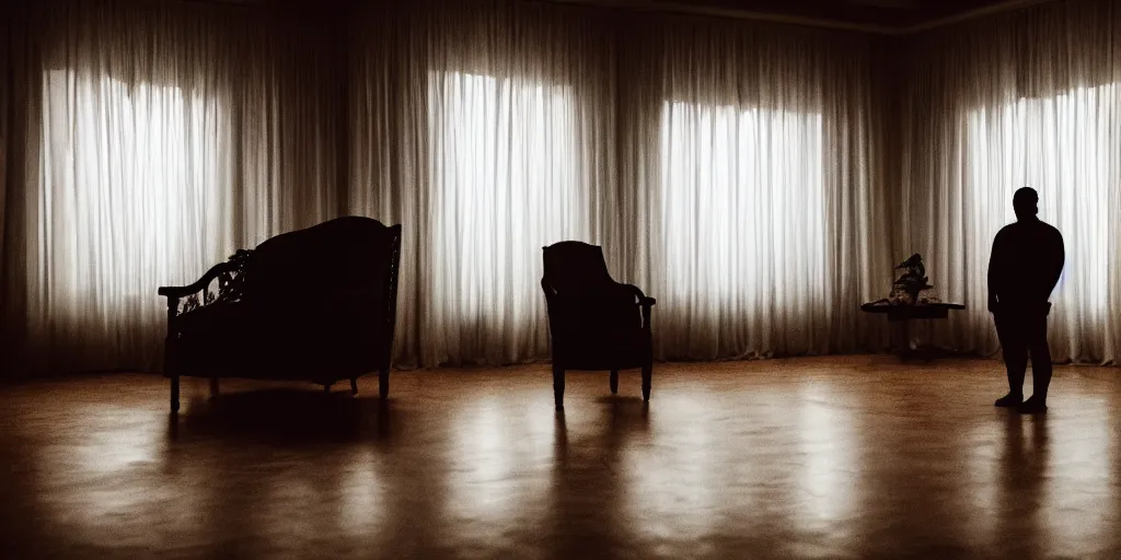 Prompt: photo style of shawn paul tan, portrait of silhouette of big black man sitting on throne, hazy foggy background and floor made of big curtains, light by blacklight