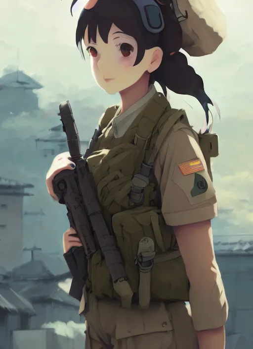 Image similar to portrait of cute soldier girl, smoky sky background urban landscape illustration concept art anime key visual trending pixiv fanbox by wlop and greg rutkowski and makoto shinkai and studio ghibli and kyoto animation soldier clothing military gear