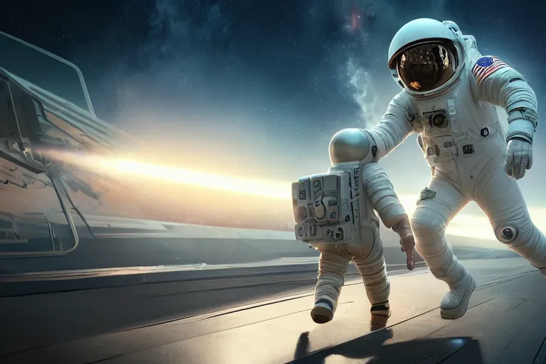 Image similar to astronaut chasing a distant spaceship Anime, wide angle, fine details, cinematic. galaxy starscape. realistic shaded lighting by Ilya Kuvshinov Giuseppe Dangelico Pino and Michael Garmash and Rob Rey greg rutkowski, octane render, IAMAG premiere, aaaa achievement collection, elegant freckles, cinematic hologram, fabulous, daily deviation, annual award winner