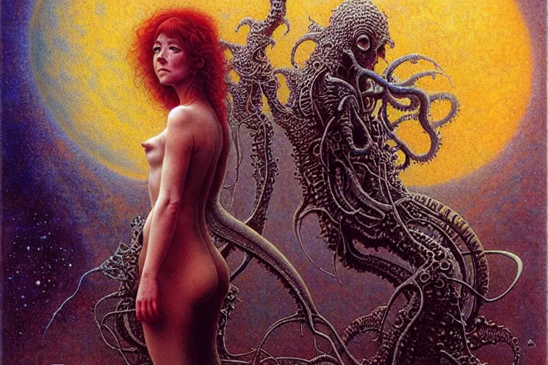 Image similar to cute young alyson hannigan with short hairs on lovecraftian planet by jean delville by luis royo and wayne barlowe, beksinski