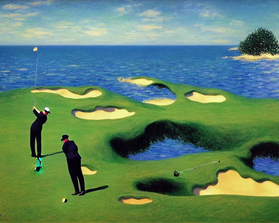 Image similar to achingly beautiful painting of pacific dunes golf by rene magritte, monet, and turner.