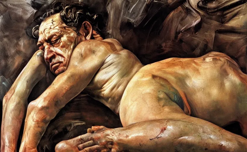 Image similar to high quality high detail painting by lucian freud and frank frazetta and jenny saville, hd, depressing, muted colors, cinematic