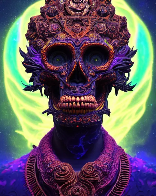 Prompt: 3 d ornate carved dark cosmic nomad with profile portrait, sigma 5 0 0 mm f / 5. beautiful intricate highly detailed quetzalcoatl skull. bioluminescent, plasma, lava, ice, water, wind, creature, thunderstorm! artwork by tooth wu and wlop and beeple and greg rutkowski, 8 k trending on artstation