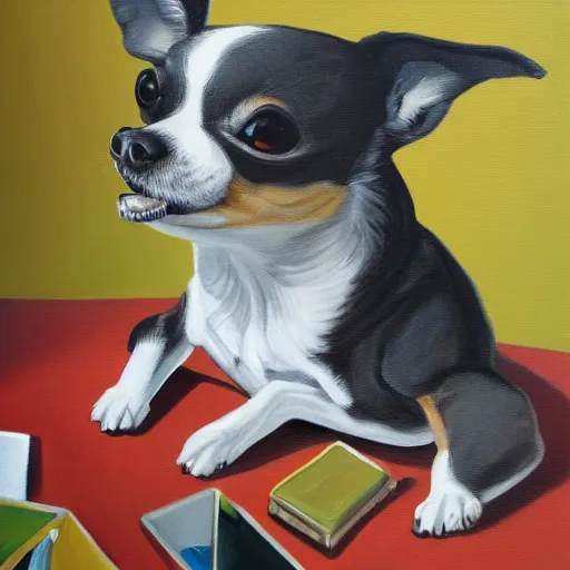 Image similar to a painting of a chihuahua smoking weed in an office