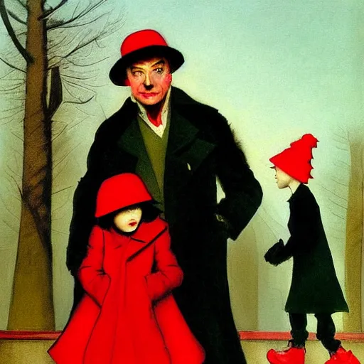 Prompt: a highly detailed epic cinematic concept art, cyberpunk, a thin man in a black coat and bowler hat talks with small young girl who is dressed in a red coat and a red hat, Berlin park, autumn, 1923, in the style of in the style of Francis Bacon and Syd Mead and Norman Rockwell and Beksinski, painted by Francis Bacon and Edward Hopper, painted by James Gilleard, surrealism, airbrush, Ilya Kuvshinov, WLOP, Stanley Artgerm, very coherent, triadic color scheme, art by Takato Yamamoto and James Jean, high detail, width 768