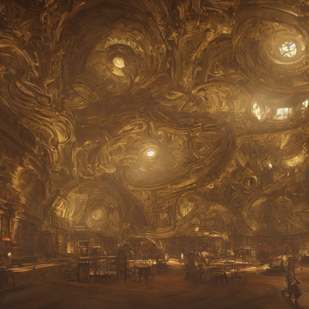 Prompt: library in the style of baroque, a giant planet is floating in the airunreal engine, in the style of greg rutkowski and alphonse mucha, global illumination, detailed and intricate environment, mysterious, comfort, in the style of aetherpunk