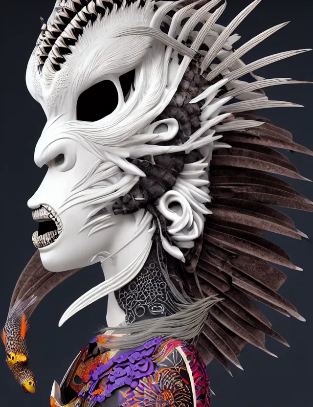 Image similar to 3 d goddess close - up profile simple portrait punk with mohawk with goat skull. beautiful intricately detailed japanese crow kitsune mask and clasical japanese kimono. betta fish, jellyfish phoenix, bio luminescent, plasma, ice, water, wind, creature, artwork by tooth wu and wlop and beeple and greg rutkowski