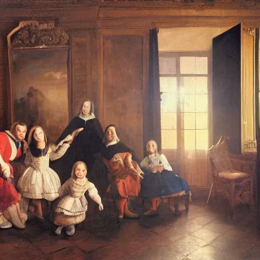 Image similar to a highly super quality oil canva family portrait in the main room of the castle painted in 1 6 5 6, dark room, one point of light coming through the window inspired by las meninas, clear spaces between each subject and good detail and realistic eyes, faces for each person in the canva, inspired by diego velasquez better quiality