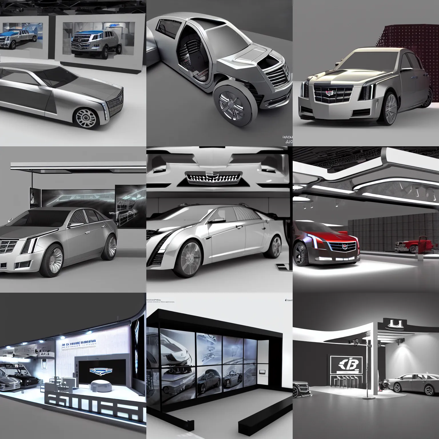 Prompt: an industrial design of a Cadillac autoshow booth cinema4d render sci-fi
