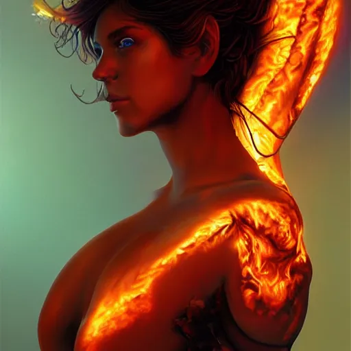 Image similar to A stunning portrait of a goddess, her body made of flames, by Jim Burns, 8K UHD, fantasy, Trending on artstation.