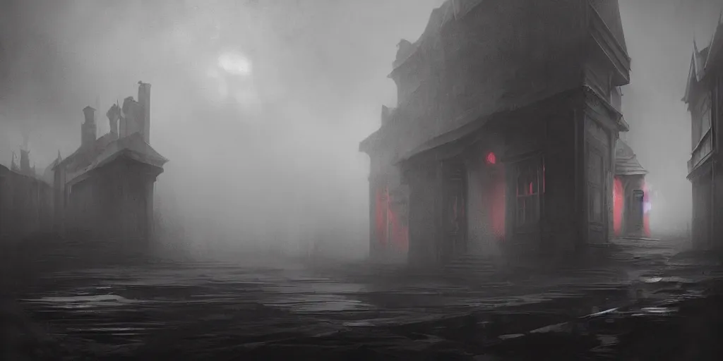 Image similar to fantasy depiction of the realm of shadows shrouded by mist trails leading to a red door, low saturation, high contrast, mostly greyscale, eerie disturbing lighting, in the style of marcin rubinkowski, greg rutkowski, lorenzo lanfranconi, oleg zherebin, trending on artstation