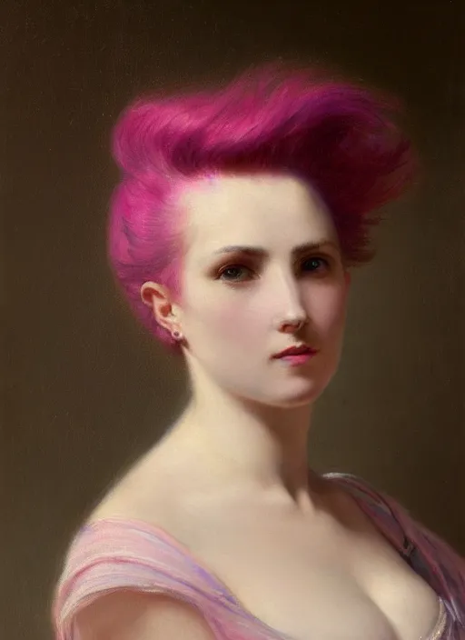 Prompt: a detailed portrait of woman with a mohawk by edouard bisson, year 1 8 5 0, pink hair, punk rock, looking at the camera, oil painting, muted colours, soft lighting