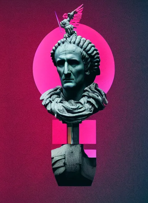 Image similar to statue of julius caesar with a skull, beeple, vaporwave, retrowave, abstract neon shapes, posterization, black background, glitch, pixel sorting, strong contrast, pinterest, trending on artstation