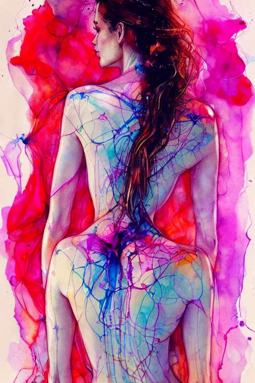 Image similar to sophia vergara by agnes cecile enki bilal moebius, intricated details, 3 / 4 back view, bendover posture, full body portrait, extremely luminous bright design, pastel colours, drips, autumn lights