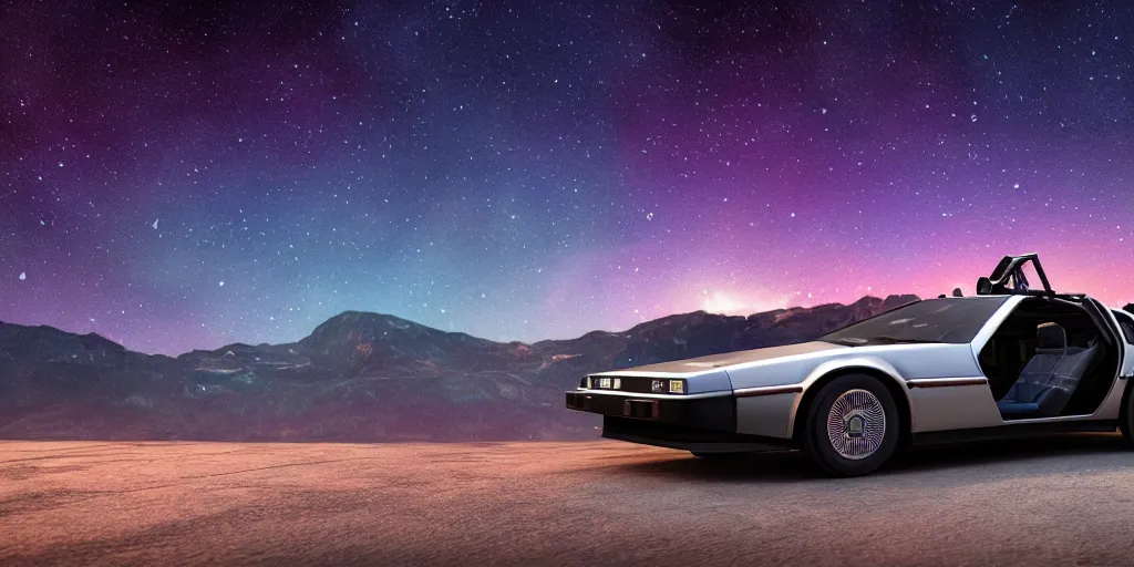 Image similar to a photo of a delorean car ontop of a mountain staring towards the starry night, synthwave, realism, octane render, 3 d render, beautiful