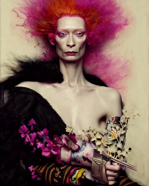 Prompt: portrait of a medieval warrior tilda swinton, goth punk, floral flowers, rainbow colors, surreal, a flemish baroque by alexander mcqueen, art by john collier by greg rutkowski and craig mullins, oil on canvas