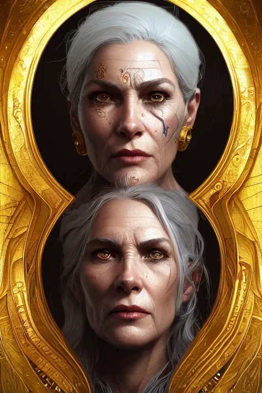 Image similar to portrait of a middle aged grey haired woman in the style of god of war, golden machine parts, intricate, elegant, highly detailed, digital painting, artstation, concept art, smooth, sharp focus, illustration, art by artgerm and greg rutkowski and alphonse mucha, 8 k