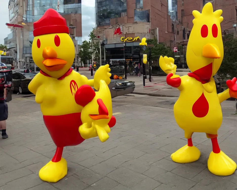 Prompt: the chicken mascot is outside of mcdonald's. it is a yellow chicken with a red mcdonald's hat on its head.