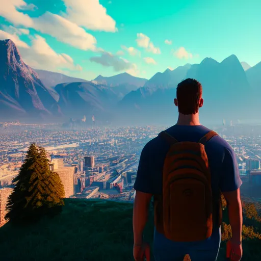 Prompt: A man standing in front of a city with mountains in the distance, 3D, Unreal Engine, extremely detailed, artstation, artstationHQ, artstationHD, 4K, 8K, ultra high res