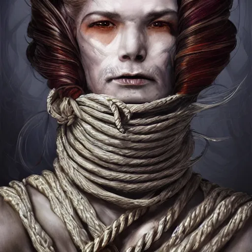 Image similar to portrait of a Shibari rope wrapped face and neck, headshot, insanely nice professional hair style, dramatic hair color, digital painting, of a old 15th century, old cyborg merchant, amber jewels, baroque, ornate clothing, scifi, realistic, hyperdetailed, chiaroscuro, concept art, art by Franz Hals and Jon Foster and Ayami Kojima and Amano and Karol Bak,