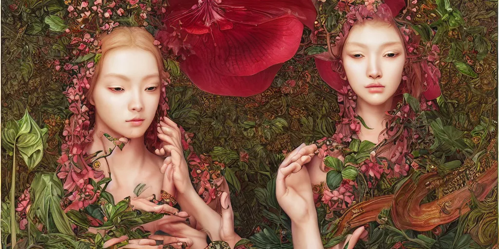 Image similar to breathtaking detailed concept art painting of the goddess of rafflesia arnoldii flowers, orthodox saint, with anxious, piercing eyes, ornate background, amalgamation of leaves and flowers, by Hsiao-Ron Cheng, James jean, Miho Hirano, Hayao Miyazaki, extremely moody lighting, 8K