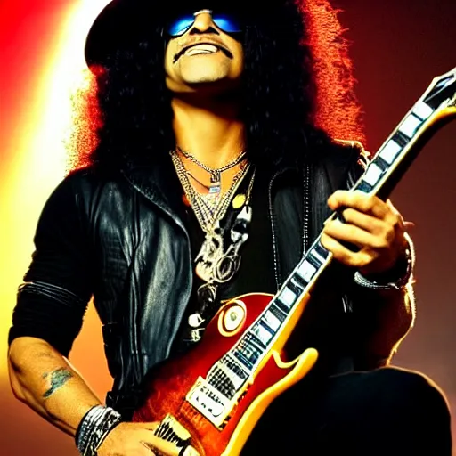 Prompt: A very cool picture of Slash from Guns n’ Roses playing guitar on his Les Paul